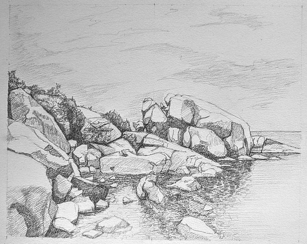 A finished drawing of a Rocky Oceanside.