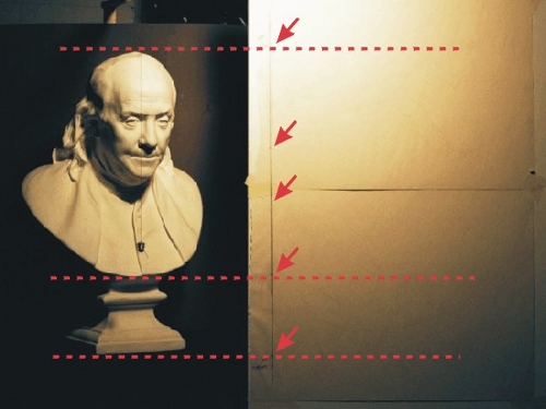 A diagram over a photograph illustrating imaginary lines and points used in the sight size method.