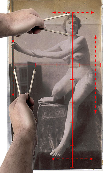 A photograph of a model with overlay of lines indicating comparative measurements.