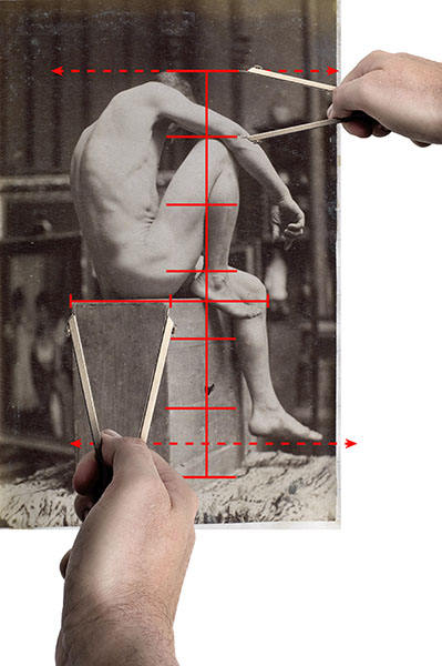 A photograph of a model with overlay of lines indicating comparative measurements.