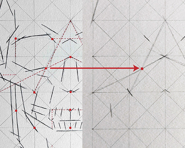 A diagram illustrating a step in the process of drawing a skull. 