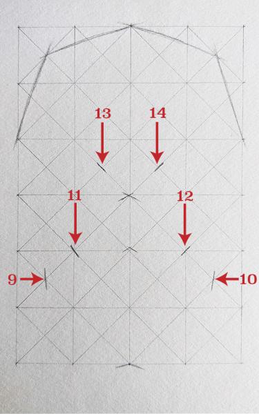 A diagram for drawing a human skull showing several steps. 