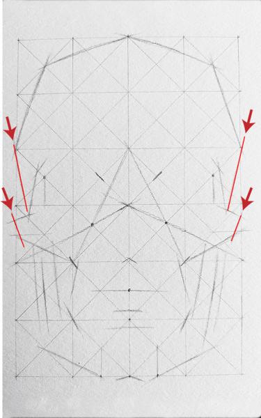 A diagram for drawing a human skull showing several steps. 