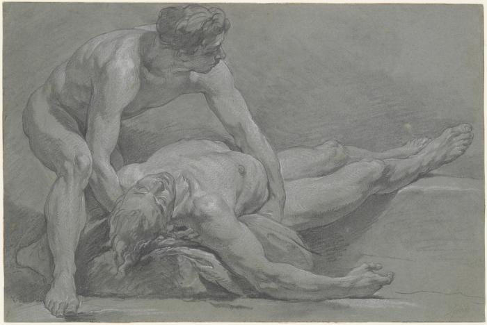 A charcoal and white chalk drawing of two male figures.