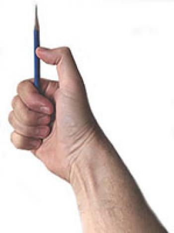 A picture of a hand making a measurement with a pencil. 