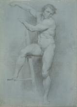 A charcoal drawing of a male nude leaning on a ladder. 